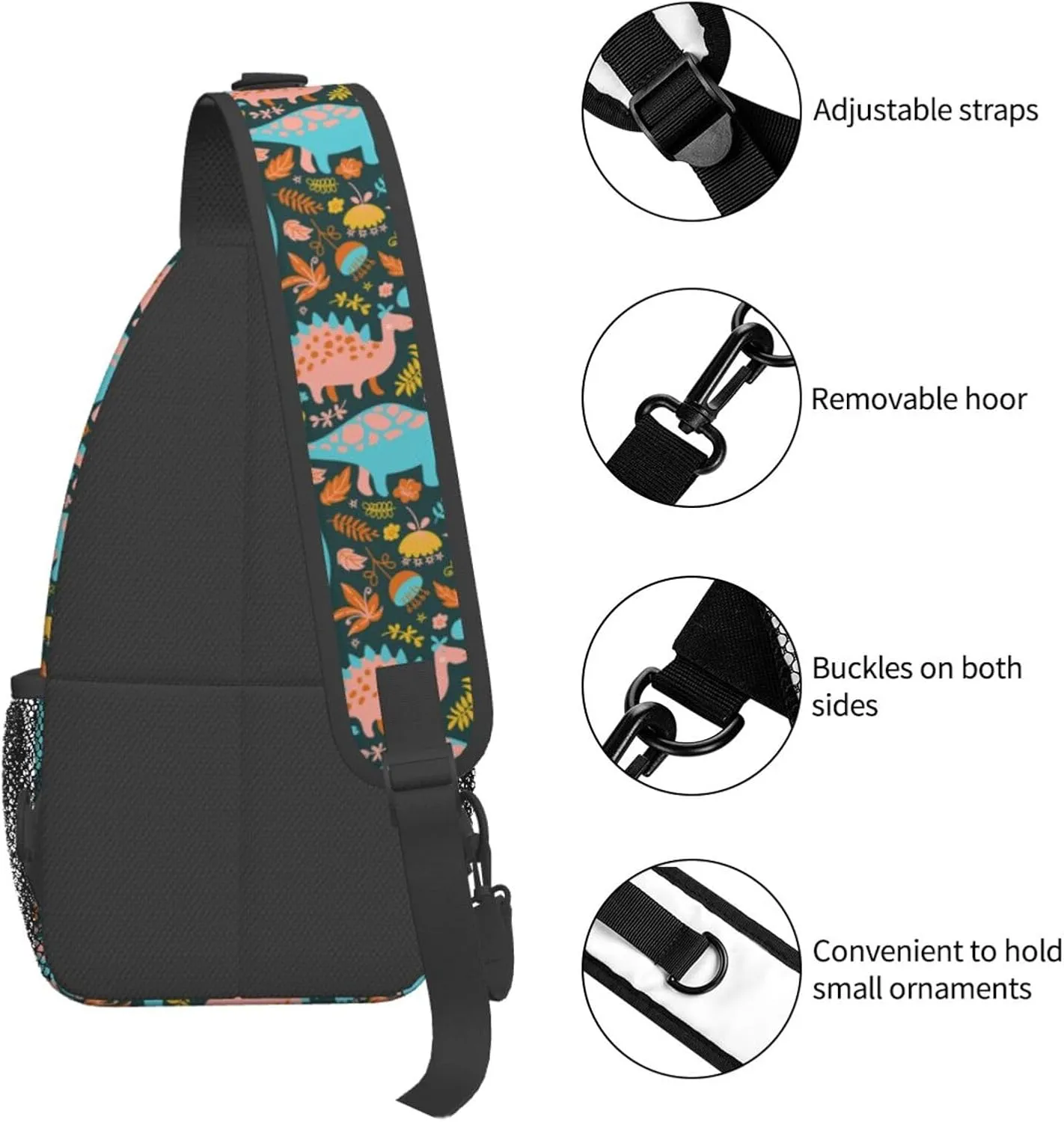 Cartoon Dinosaurs With Leaf Flower Chest Sling Bag Crossbody Shoulder Backpack Bag Gym Cycling Travel Hiking Daypack Cross Bag
