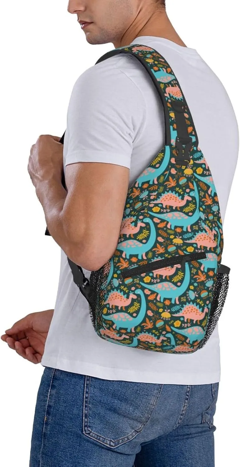 Cartoon Dinosaurs With Leaf Flower Chest Sling Bag Crossbody Shoulder Backpack Bag Gym Cycling Travel Hiking Daypack Cross Bag