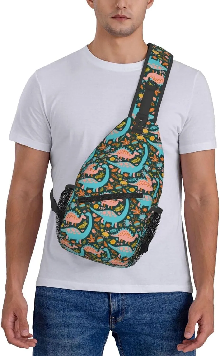 Cartoon Dinosaurs With Leaf Flower Chest Sling Bag Crossbody Shoulder Backpack Bag Gym Cycling Travel Hiking Daypack Cross Bag