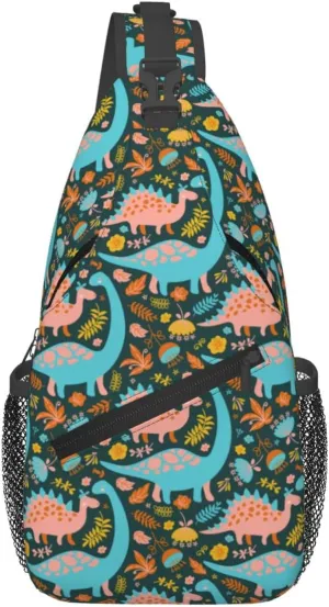Cartoon Dinosaurs With Leaf Flower Chest Sling Bag Crossbody Shoulder Backpack Bag Gym Cycling Travel Hiking Daypack Cross Bag