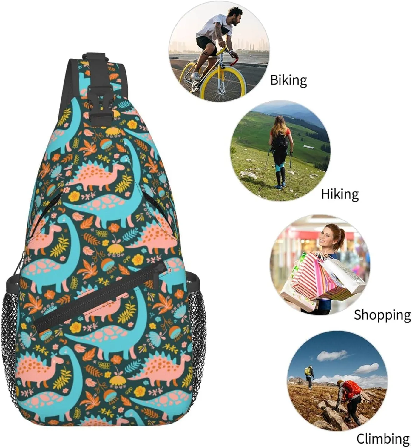 Cartoon Dinosaurs With Leaf Flower Chest Sling Bag Crossbody Shoulder Backpack Bag Gym Cycling Travel Hiking Daypack Cross Bag
