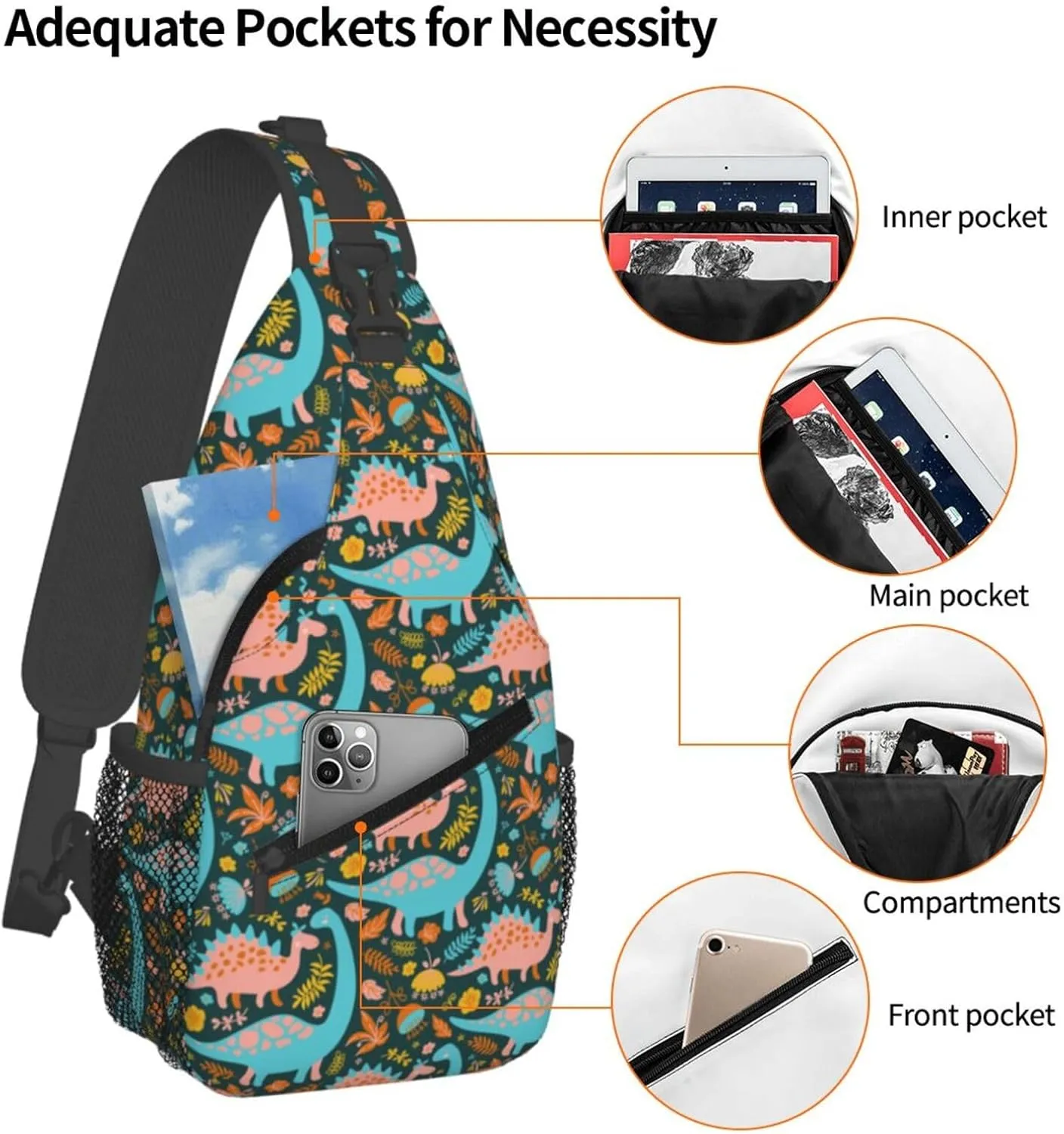 Cartoon Dinosaurs With Leaf Flower Chest Sling Bag Crossbody Shoulder Backpack Bag Gym Cycling Travel Hiking Daypack Cross Bag