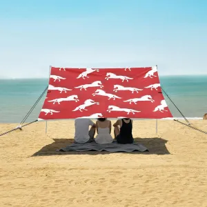 Cartoon White Horses Animal Beach Canopy Tent Anti-UV & Wind Resistant, Red Camping Sun Shelter Easy Setup Portable,Outdoor Shade Tents with Sandbags,Sand Shovels,Ground Pegs & Stability Poles