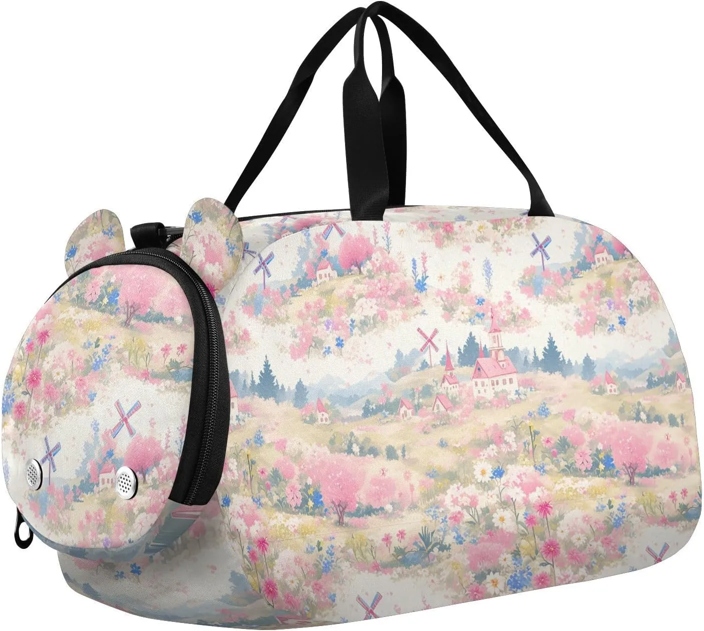 Cartoon Windmill Watercolor Peach Girl's Gym Duffel Bag with Shoes Compartment Multifunctional Weekender Overnight Range Bag for Travel, Sports, Fitness & Workout bolso para gym mujer