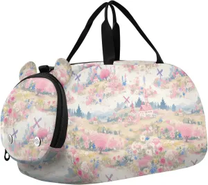 Cartoon Windmill Watercolor Peach Girl's Gym Duffel Bag with Shoes Compartment Multifunctional Weekender Overnight Range Bag for Travel, Sports, Fitness & Workout bolso para gym mujer
