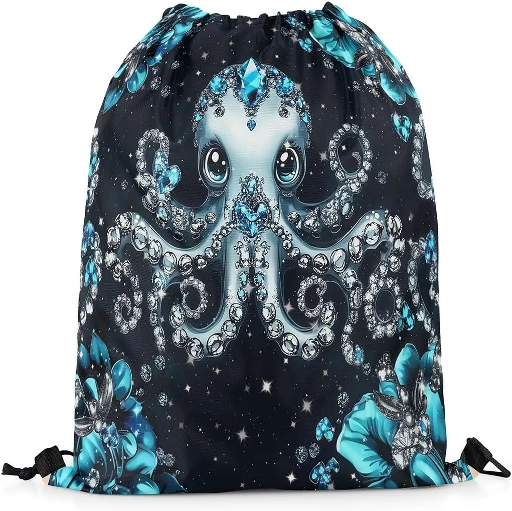 Castle Fairy Octopus Sports Backpack Sea Creature Drawstring Sackpack Jewelry Glitter Print(No Diamond) Drawstring Backpack for Women Gym Shopping Sport Yoga