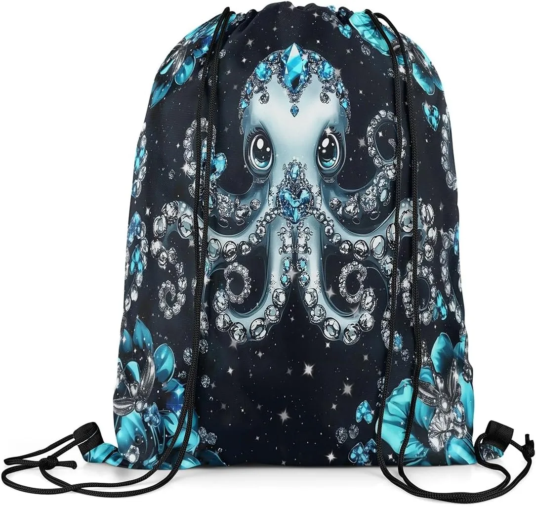 Castle Fairy Octopus Sports Backpack Sea Creature Drawstring Sackpack Jewelry Glitter Print(No Diamond) Drawstring Backpack for Women Gym Shopping Sport Yoga