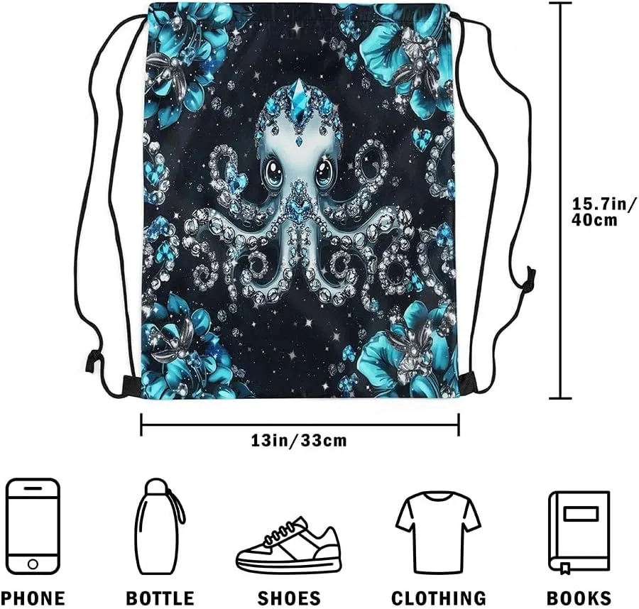Castle Fairy Octopus Sports Backpack Sea Creature Drawstring Sackpack Jewelry Glitter Print(No Diamond) Drawstring Backpack for Women Gym Shopping Sport Yoga