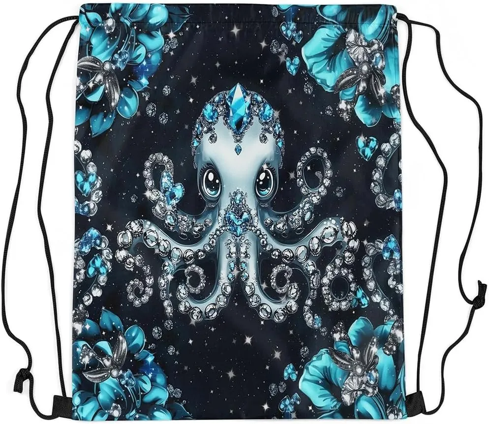 Castle Fairy Octopus Sports Backpack Sea Creature Drawstring Sackpack Jewelry Glitter Print(No Diamond) Drawstring Backpack for Women Gym Shopping Sport Yoga