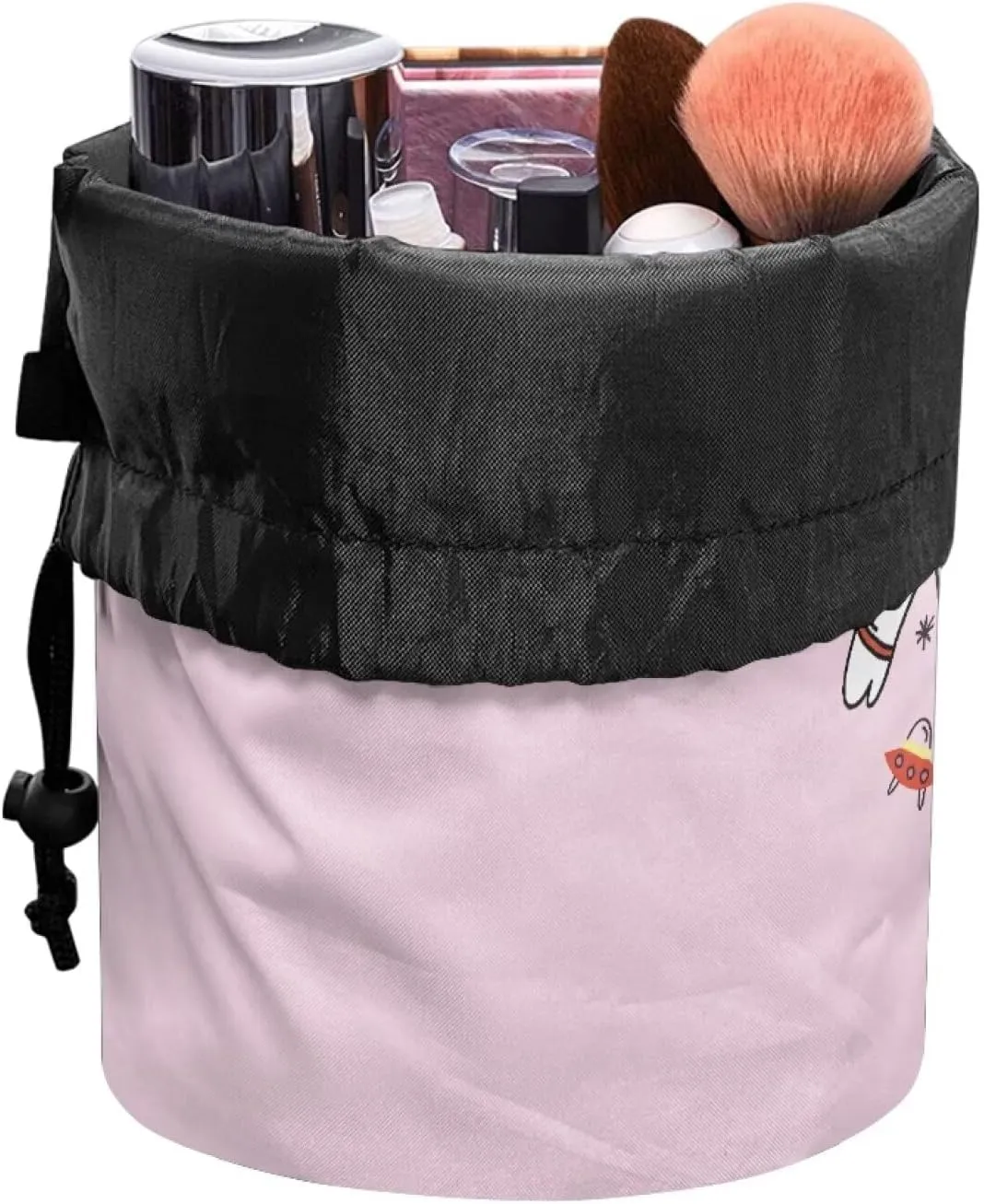 Cat astronaut drawstring makeup bag opens flat travel essentials for women portable lazy drawstring makeup bag travel cosmetic pouch toiletry barrel drawstring makeup bag travel toiletry bag