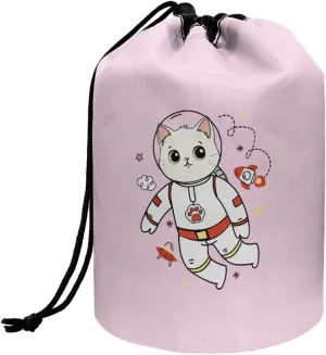 Cat astronaut drawstring makeup bag opens flat travel essentials for women portable lazy drawstring makeup bag travel cosmetic pouch toiletry barrel drawstring makeup bag travel toiletry bag