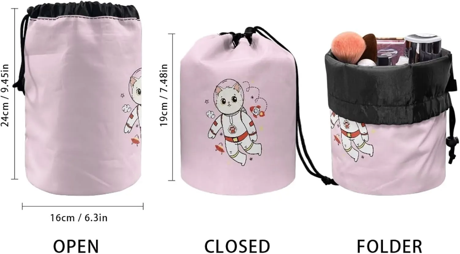 Cat astronaut drawstring makeup bag opens flat travel essentials for women portable lazy drawstring makeup bag travel cosmetic pouch toiletry barrel drawstring makeup bag travel toiletry bag