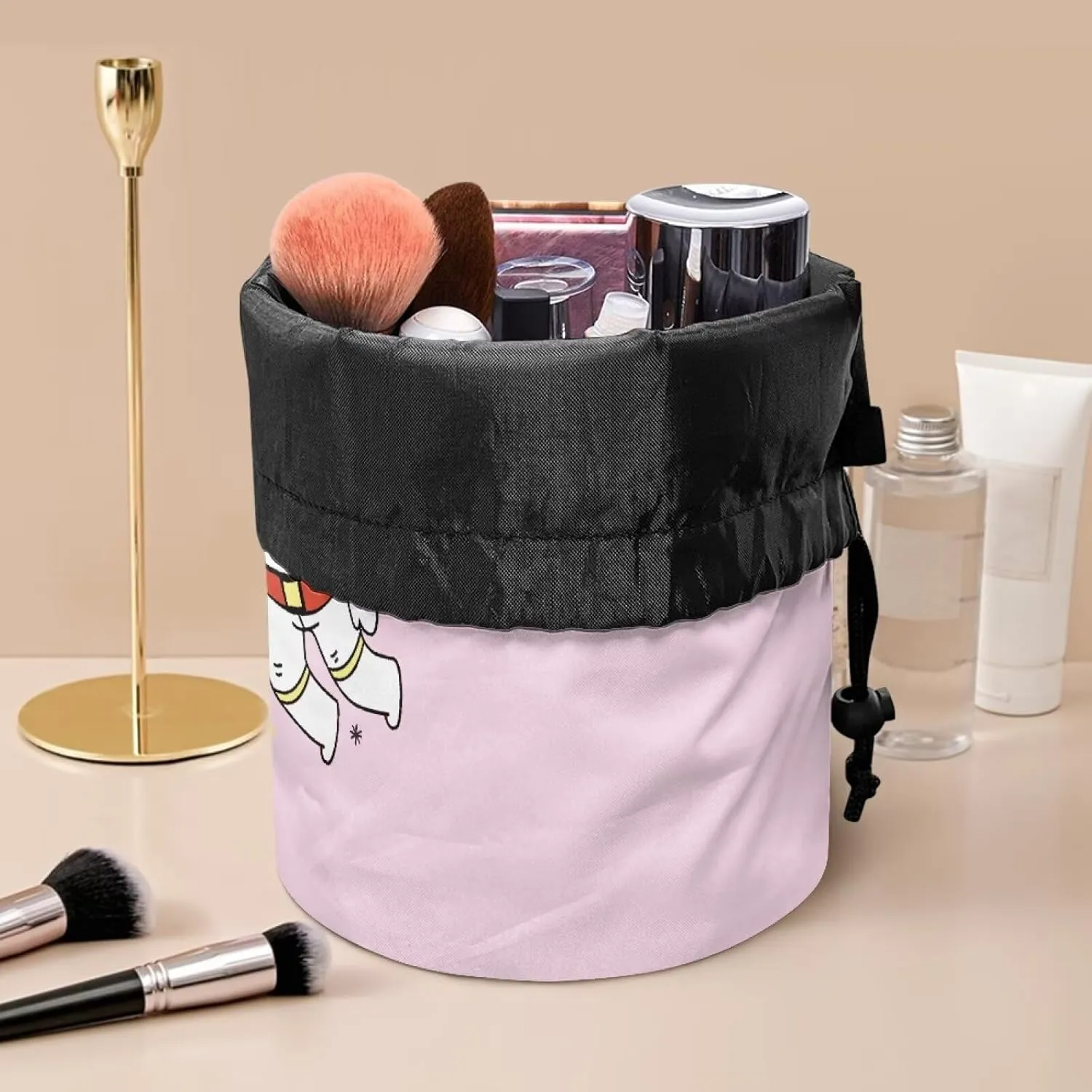 Cat astronaut drawstring makeup bag opens flat travel essentials for women portable lazy drawstring makeup bag travel cosmetic pouch toiletry barrel drawstring makeup bag travel toiletry bag