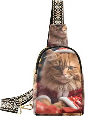 CEBUGI Santa Clause Brown Cat Small Sling Bag for Women Leather Crossbody Fanny Packs Chest Bag for Hiking Travel Outdoors