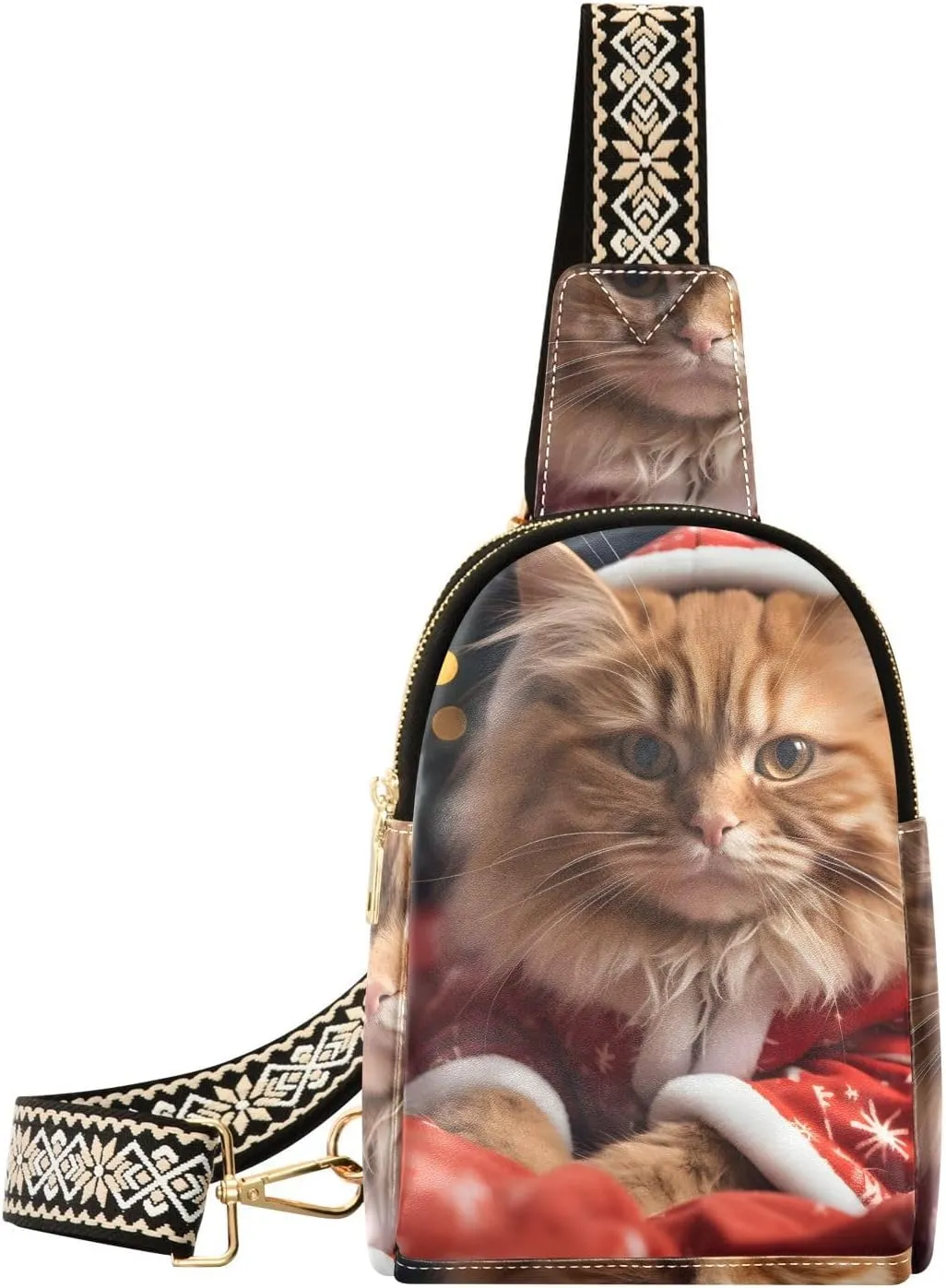 CEBUGI Santa Clause Brown Cat Small Sling Bag for Women Leather Crossbody Fanny Packs Chest Bag for Hiking Travel Outdoors
