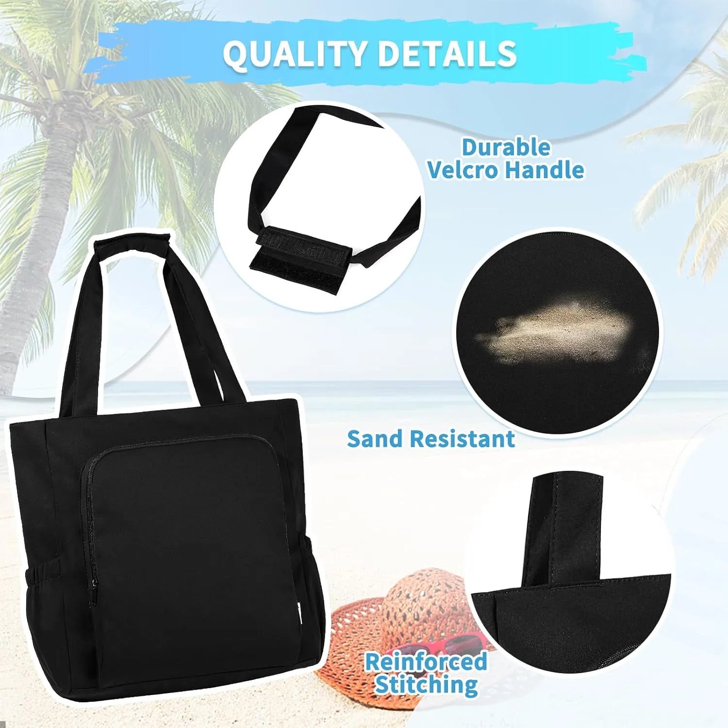 Chase Chic Large Beach Tote Bag for Women, Lightweight Waterproof Pool Tote Bag With Zipper Wet Compartment for Travel