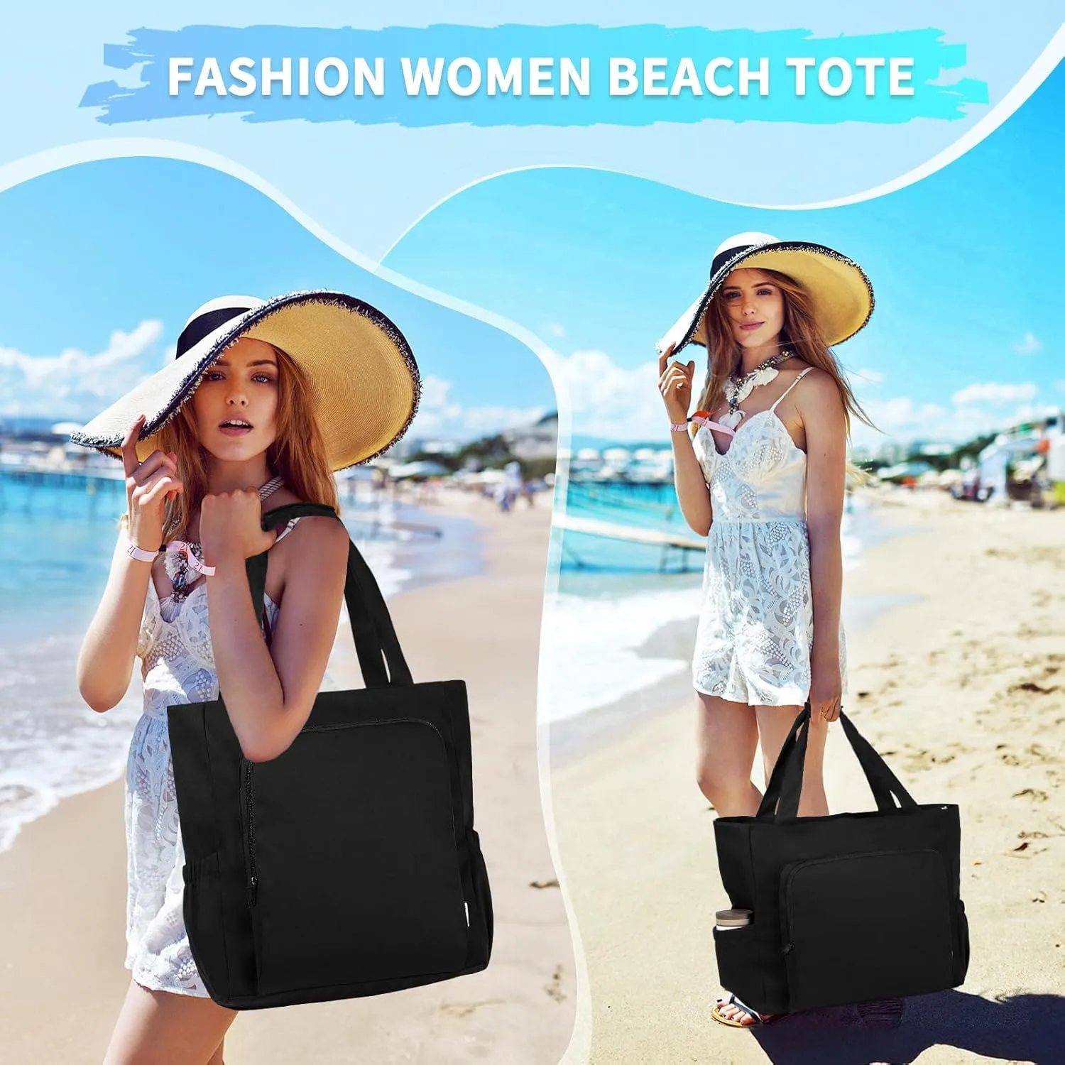 Chase Chic Large Beach Tote Bag for Women, Lightweight Waterproof Pool Tote Bag With Zipper Wet Compartment for Travel