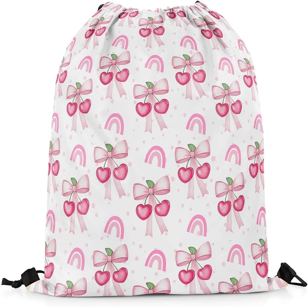 Cherry Bow Drawstring Backpack,Sweet Tropical Fruits Cute Rainbow Drawstring Bags Shoulder Bag,Princess Style Pink Bowknot Kawaii Polka Dots Draw String Bag for Picnic Gym Sport Travel