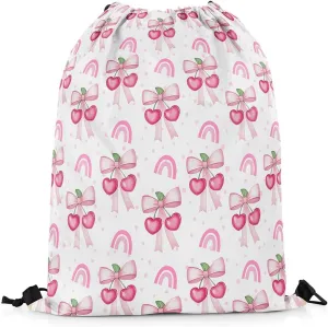 Cherry Bow Drawstring Backpack,Sweet Tropical Fruits Cute Rainbow Drawstring Bags Shoulder Bag,Princess Style Pink Bowknot Kawaii Polka Dots Draw String Bag for Picnic Gym Sport Travel