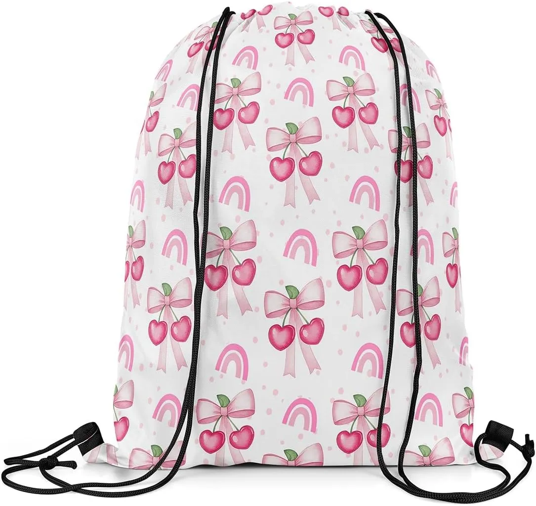 Cherry Bow Drawstring Backpack,Sweet Tropical Fruits Cute Rainbow Drawstring Bags Shoulder Bag,Princess Style Pink Bowknot Kawaii Polka Dots Draw String Bag for Picnic Gym Sport Travel