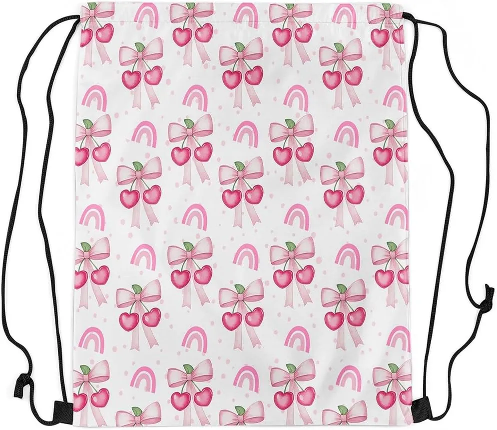 Cherry Bow Drawstring Backpack,Sweet Tropical Fruits Cute Rainbow Drawstring Bags Shoulder Bag,Princess Style Pink Bowknot Kawaii Polka Dots Draw String Bag for Picnic Gym Sport Travel