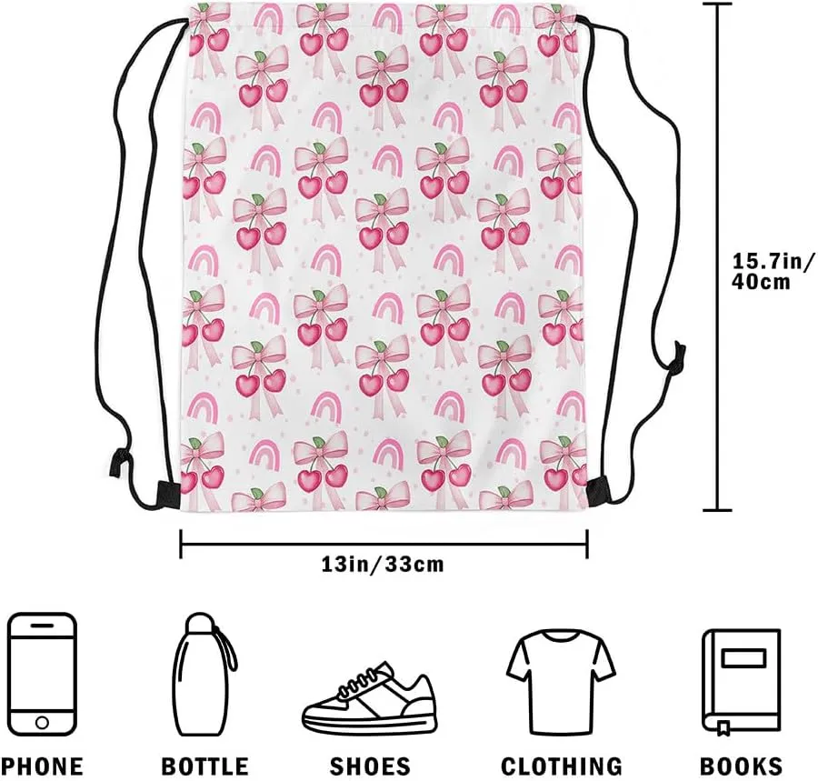 Cherry Bow Drawstring Backpack,Sweet Tropical Fruits Cute Rainbow Drawstring Bags Shoulder Bag,Princess Style Pink Bowknot Kawaii Polka Dots Draw String Bag for Picnic Gym Sport Travel