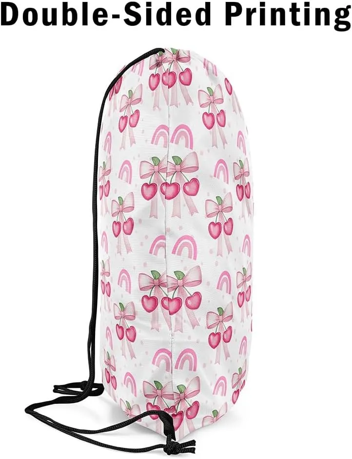 Cherry Bow Drawstring Backpack,Sweet Tropical Fruits Cute Rainbow Drawstring Bags Shoulder Bag,Princess Style Pink Bowknot Kawaii Polka Dots Draw String Bag for Picnic Gym Sport Travel