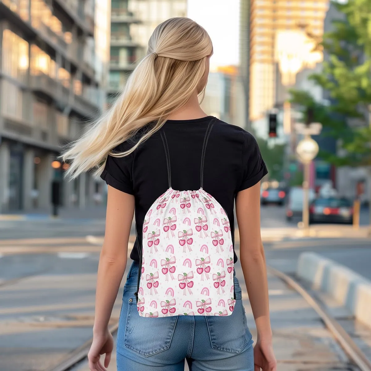 Cherry Bow Drawstring Backpack,Sweet Tropical Fruits Cute Rainbow Drawstring Bags Shoulder Bag,Princess Style Pink Bowknot Kawaii Polka Dots Draw String Bag for Picnic Gym Sport Travel