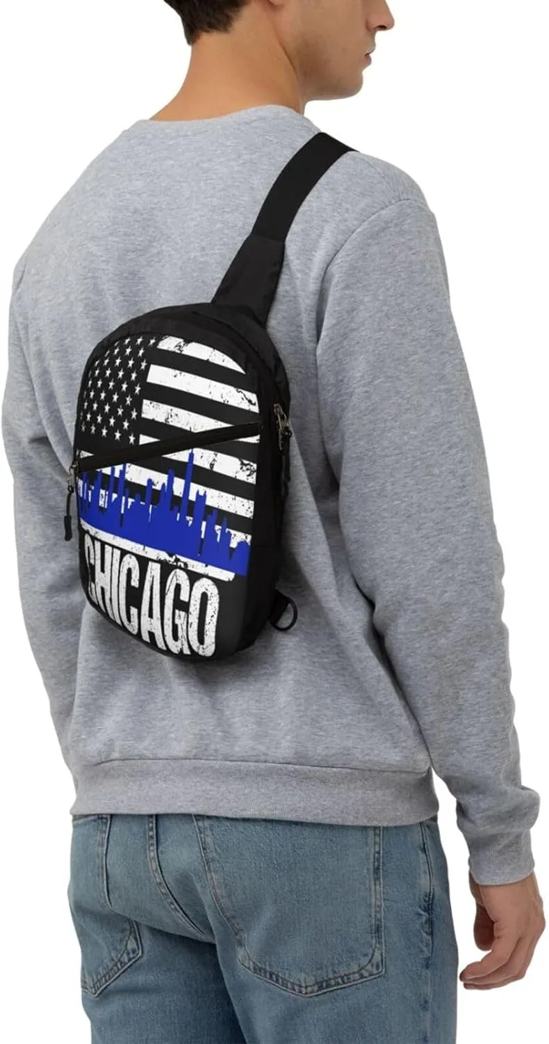 Chicago City Skyline American Flag Crossbody Bag Portable Sling Bags Foldable Chest Daypack Reusable Sports Shoulder Backpack Diagonally Casual Rucksack Travel Bag