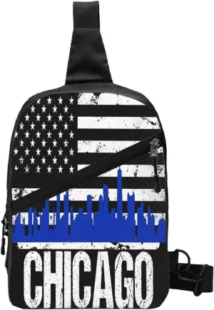 Chicago City Skyline American Flag Crossbody Bag Portable Sling Bags Foldable Chest Daypack Reusable Sports Shoulder Backpack Diagonally Casual Rucksack Travel Bag