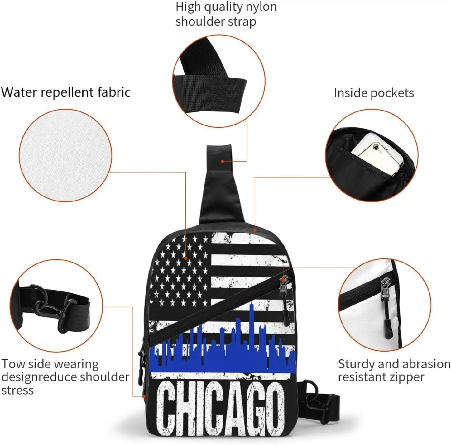 Chicago City Skyline American Flag Crossbody Bag Portable Sling Bags Foldable Chest Daypack Reusable Sports Shoulder Backpack Diagonally Casual Rucksack Travel Bag