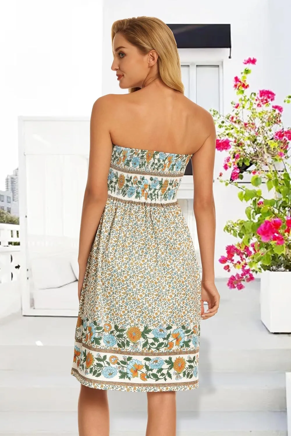 CHICGAL Summer Dresses for Women Beach Cover Ups Strapless Boho Floral Print Sundress