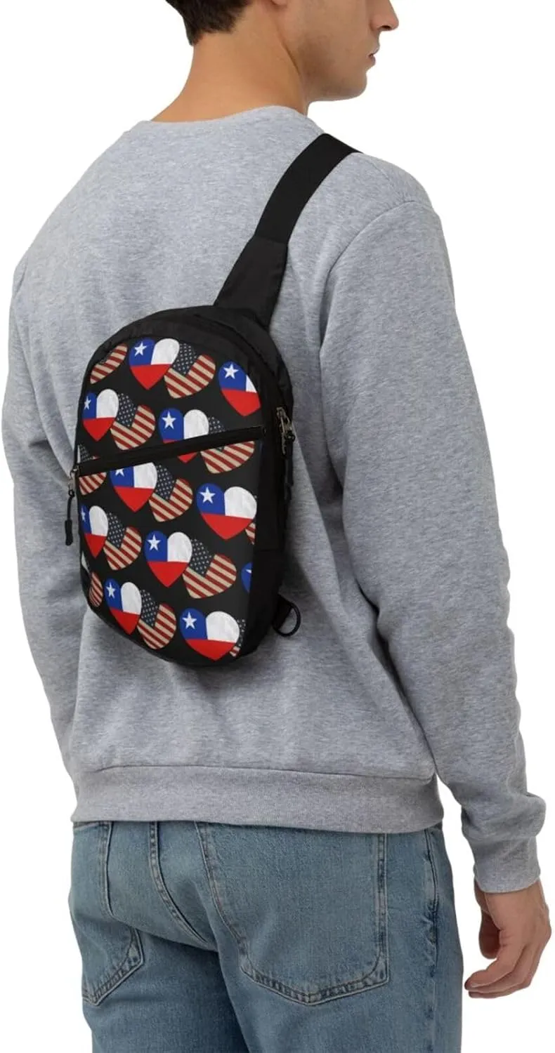 Chile Chilean American Flag Couple Hearts Love Flag Crossbody Bag Portable Sling Bags Foldable Chest Daypack Reusable Sports Shoulder Backpack Diagonally Casual Rucksack Travel Bag