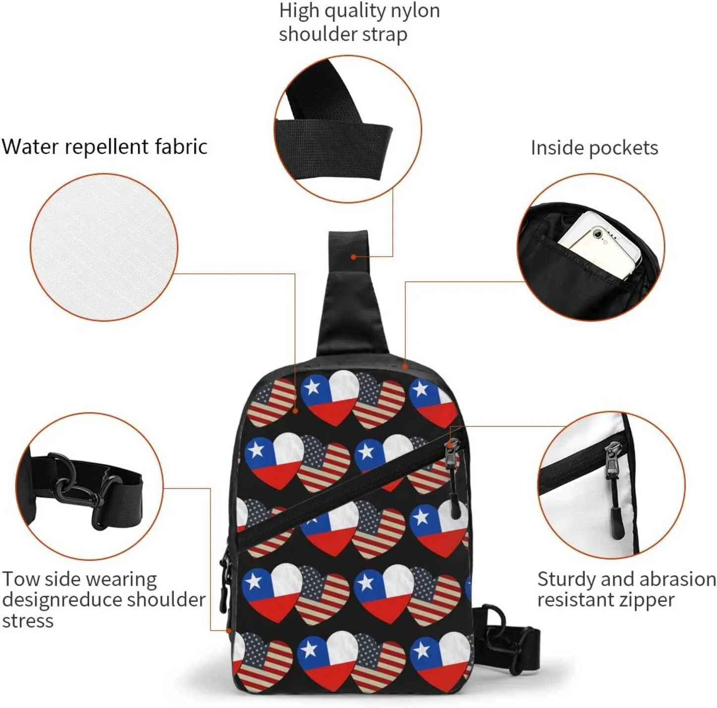 Chile Chilean American Flag Couple Hearts Love Flag Crossbody Bag Portable Sling Bags Foldable Chest Daypack Reusable Sports Shoulder Backpack Diagonally Casual Rucksack Travel Bag