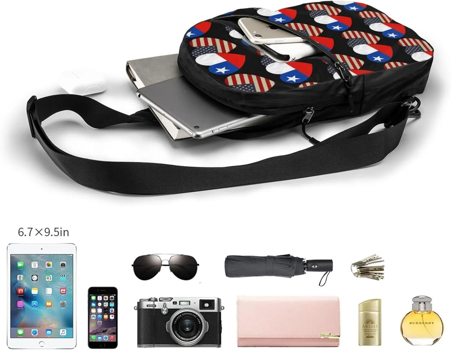 Chile Chilean American Flag Couple Hearts Love Flag Crossbody Bag Portable Sling Bags Foldable Chest Daypack Reusable Sports Shoulder Backpack Diagonally Casual Rucksack Travel Bag