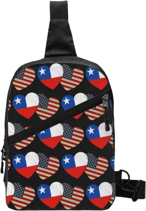 Chile Chilean American Flag Couple Hearts Love Flag Crossbody Bag Portable Sling Bags Foldable Chest Daypack Reusable Sports Shoulder Backpack Diagonally Casual Rucksack Travel Bag