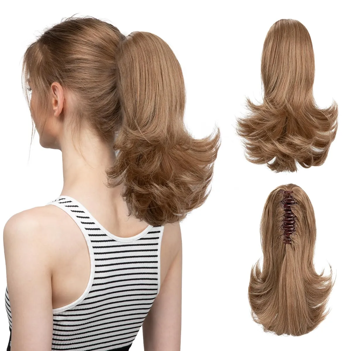 CJL HAIR Short Claw Clip Fake Ponytail Hairpiece Extension Curly Wavy Pony Tails Balayage Blonde Hair Synthetic Heat Friendly Fiber Hair piece for Women Girls Kids