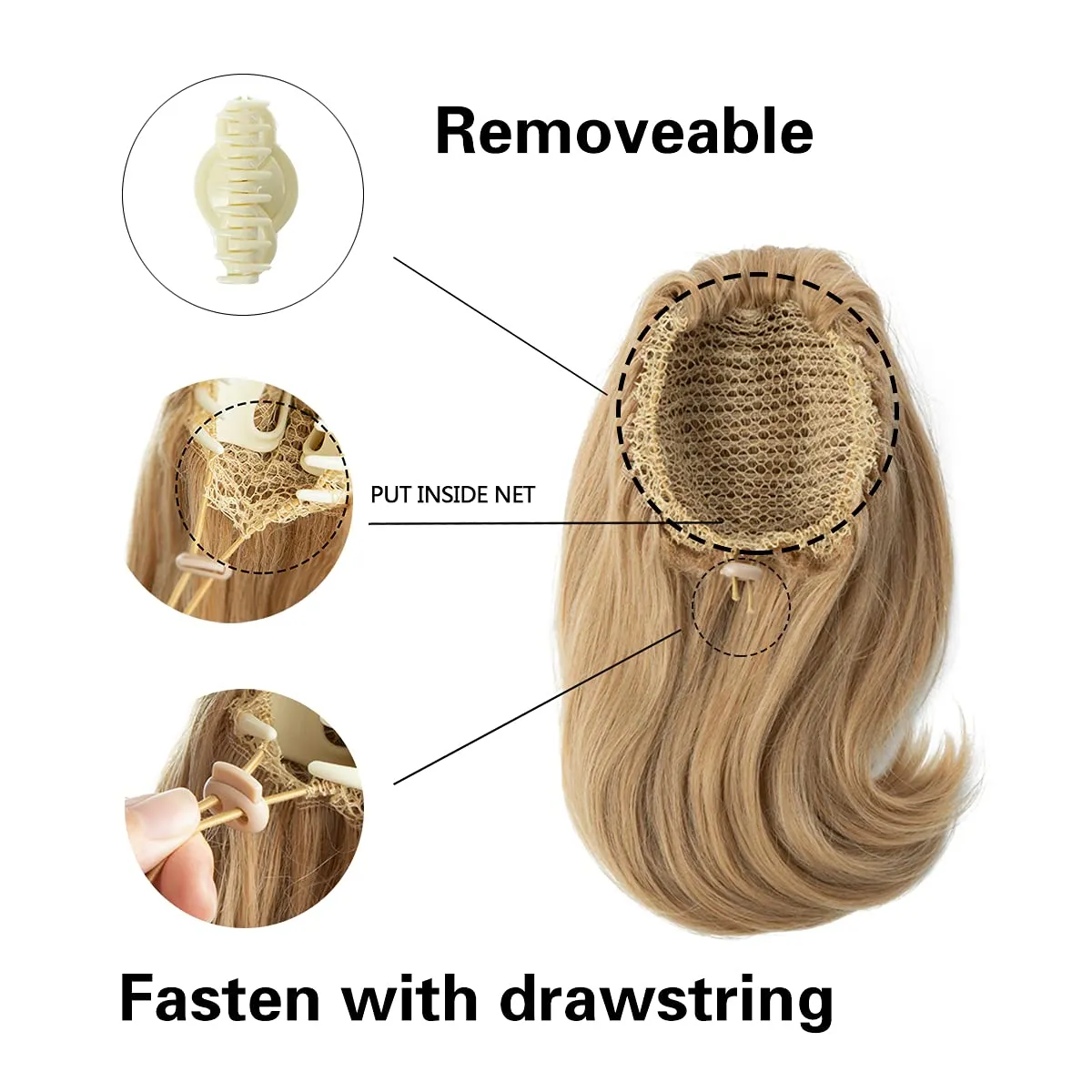CJL HAIR Short Claw Clip Ponytail Hair Extension Drawstring Synthetic Fake Hairpiece for Women 12" Straight Ponytail with End Curls Brown to Ash Blonde