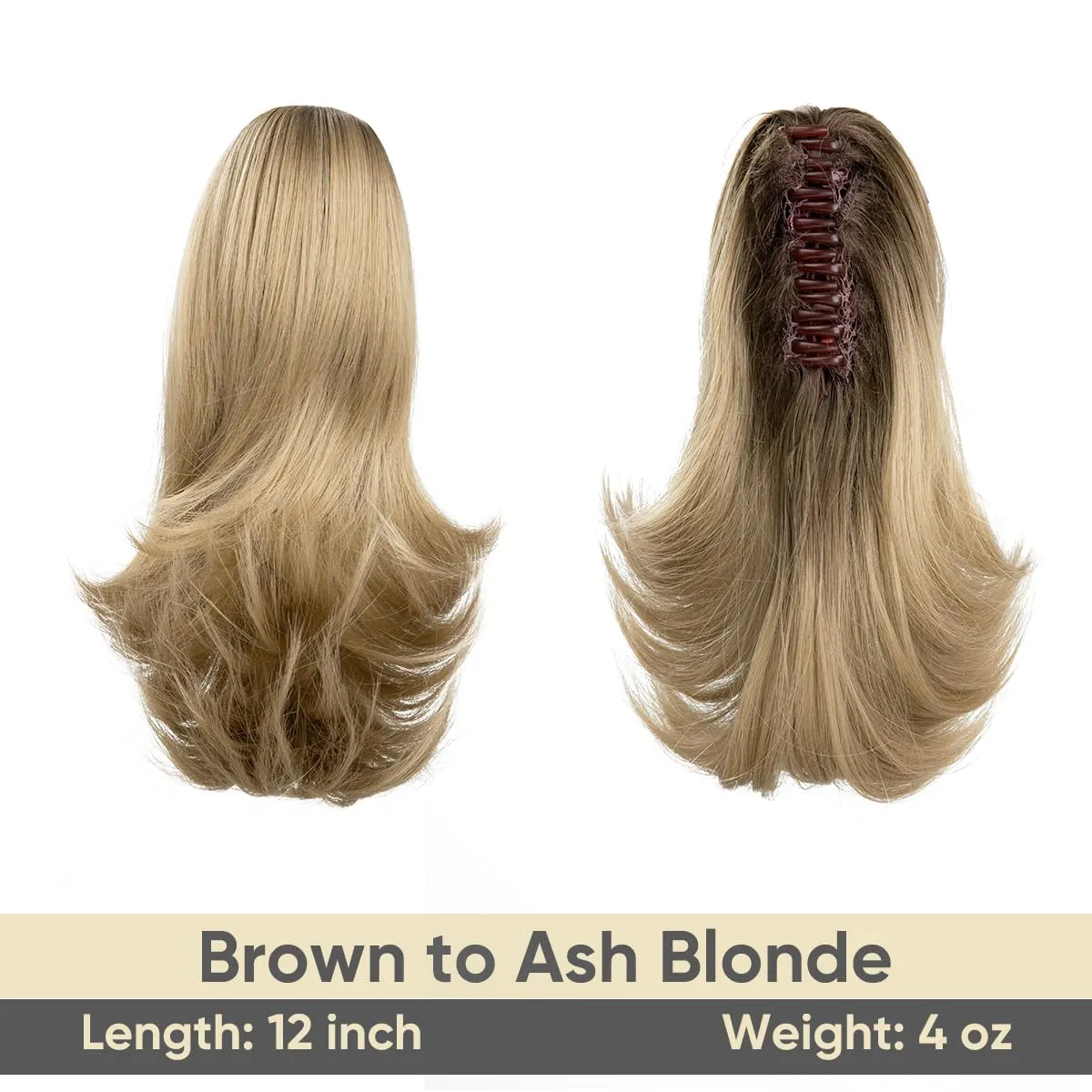CJL HAIR Short Claw Clip Ponytail Hair Extension Drawstring Synthetic Fake Hairpiece for Women 12" Straight Ponytail with End Curls Brown to Ash Blonde