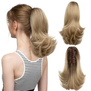 CJL HAIR Short Claw Clip Ponytail Hair Extension Drawstring Synthetic Fake Hairpiece for Women 12" Straight Ponytail with End Curls Brown to Ash Blonde