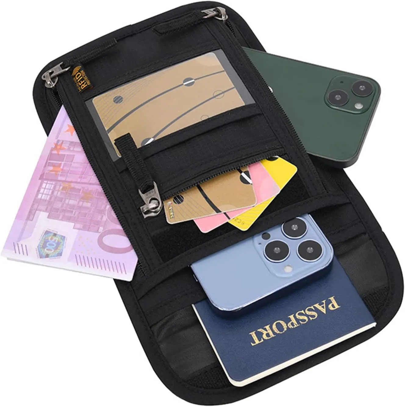 CLAPE Ripstop Nylon Neck Passport Pouch with Detachable Strap RFID Blocking Travel Bag Unisex Multifunction Document Organizer Cell Phone Bag