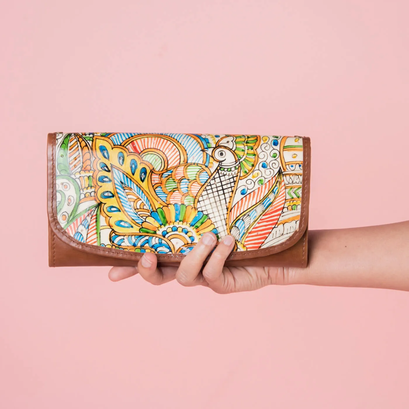 Classic Flap Wallet with Doodle Peacock Design