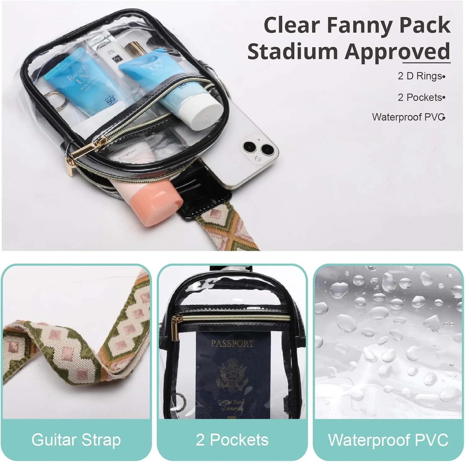 Clear Sling Bag - Stadium Approved Fanny Pack for Women & Men - Transparent Crossbody Bag with Adjustable Guitar Straps for Sports, Beach, Events, Concerts, Festivals