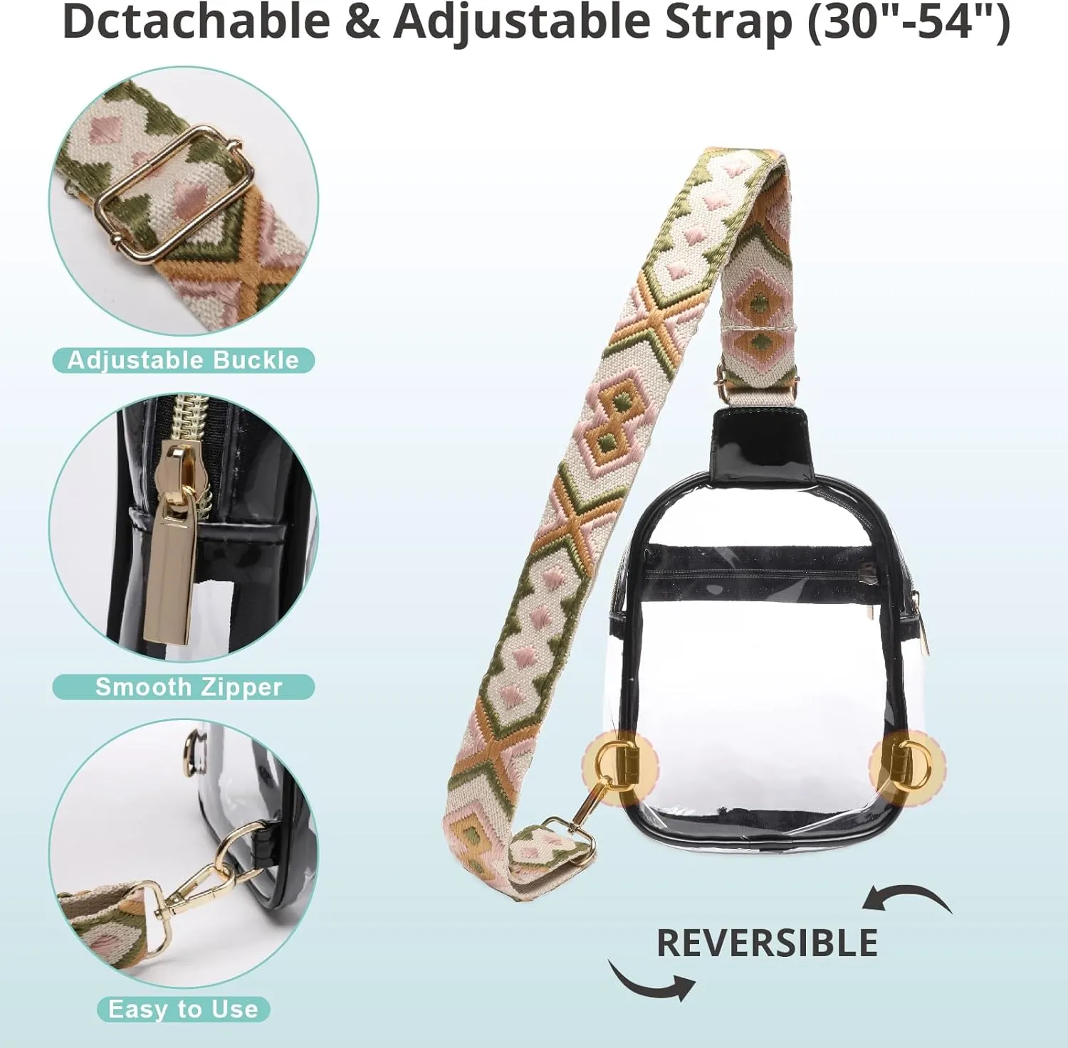 Clear Sling Bag - Stadium Approved Fanny Pack for Women & Men - Transparent Crossbody Bag with Adjustable Guitar Straps for Sports, Beach, Events, Concerts, Festivals