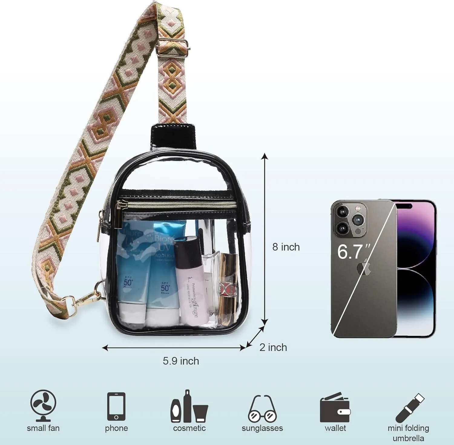 Clear Sling Bag - Stadium Approved Fanny Pack for Women & Men - Transparent Crossbody Bag with Adjustable Guitar Straps for Sports, Beach, Events, Concerts, Festivals