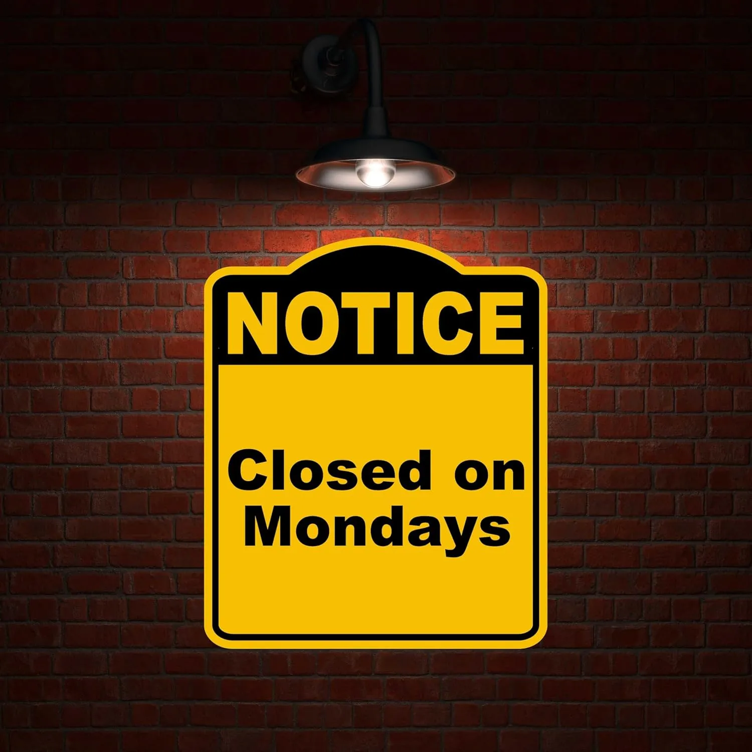Closed on Mondays Notice Yellow Black Aluminum Composite Sign 15 x 18 inches