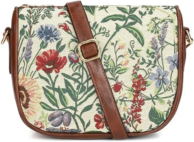 CLOWNFISH's Garnet Series Printed Handicraft Fabric & Tapestry Crossbody Sling Bag for Women Ladies Single Shoulder Bag Shoulder Belt (Flax), Brown