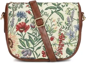 CLOWNFISH's Garnet Series Printed Handicraft Fabric & Tapestry Crossbody Sling Bag for Women Ladies Single Shoulder Bag Shoulder Belt (Flax), Brown
