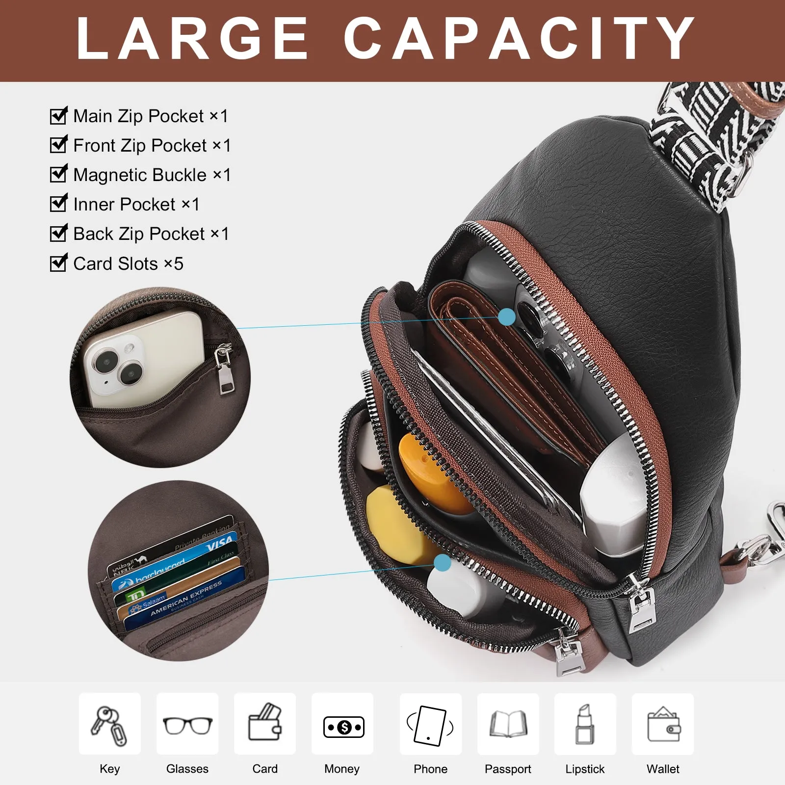 CLUCI Leather Sling Bag With Guitar Strap