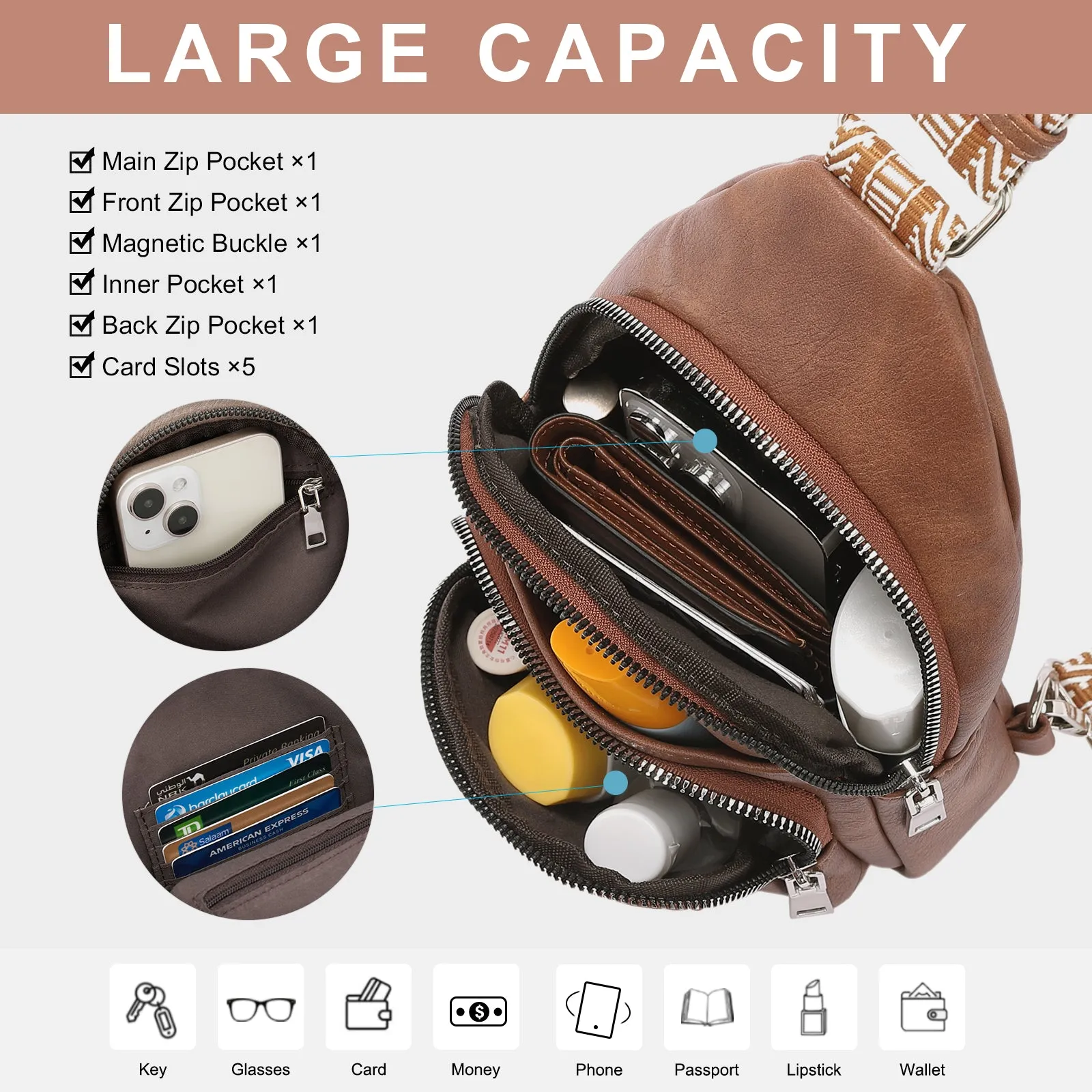 CLUCI Leather Sling Bag With Guitar Strap